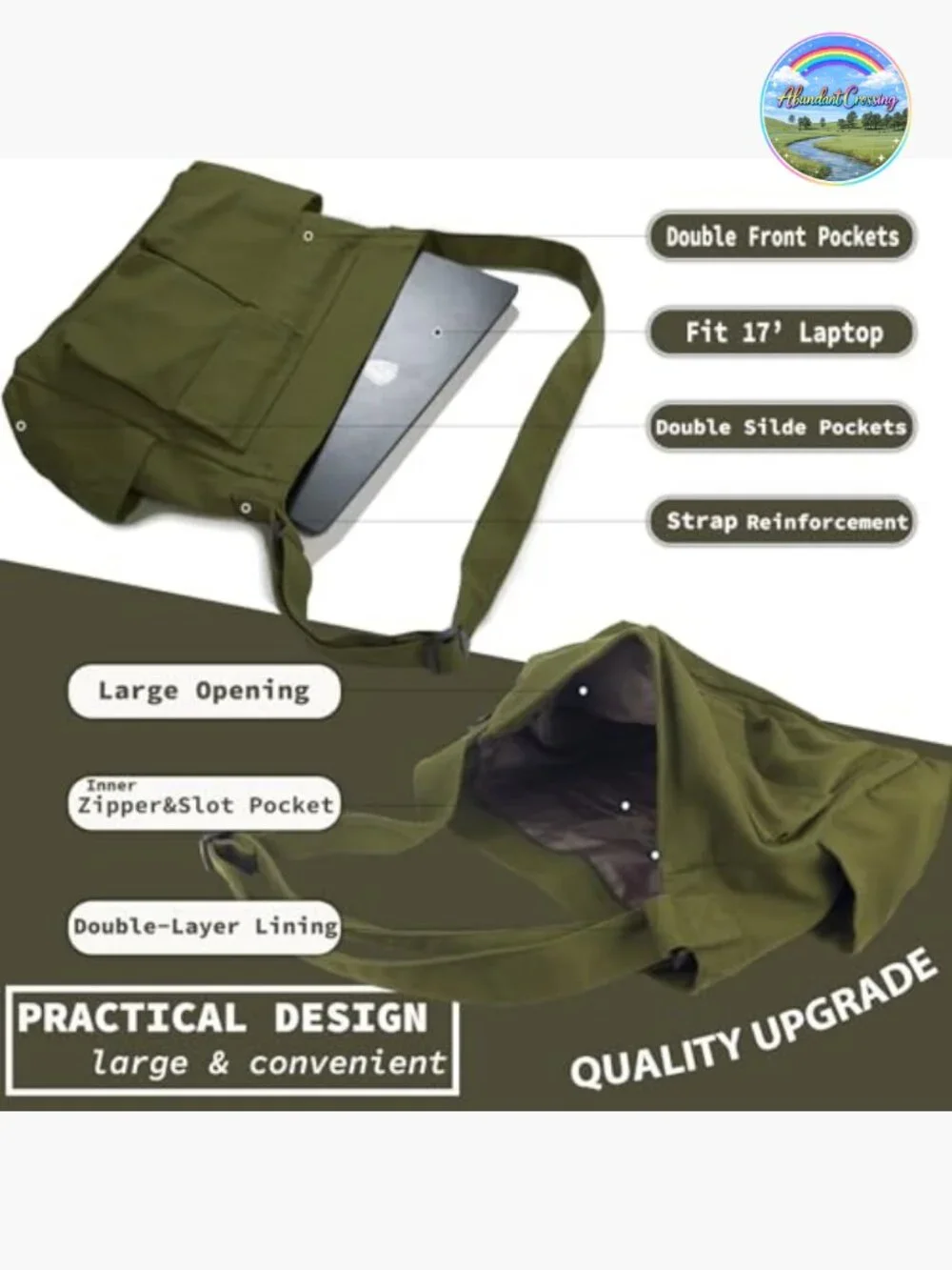 Canvas Messenger Bag Large Hobo Crossbody with Multiple Pockets